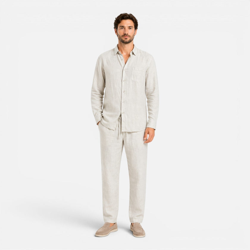 Men's FJØRNA linen summer outfit set with breathable, lightweight fabric, including a collar shirt and matching pants.