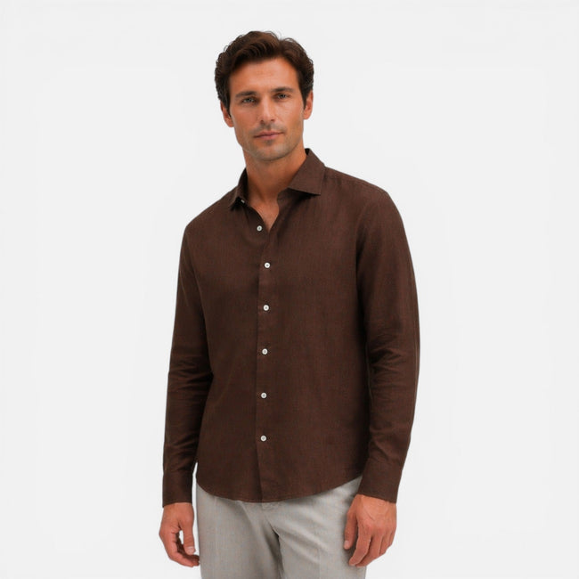 Men's slim fit linen shirt by FJØRNA, lightweight breathable summer business casual shirt for men.