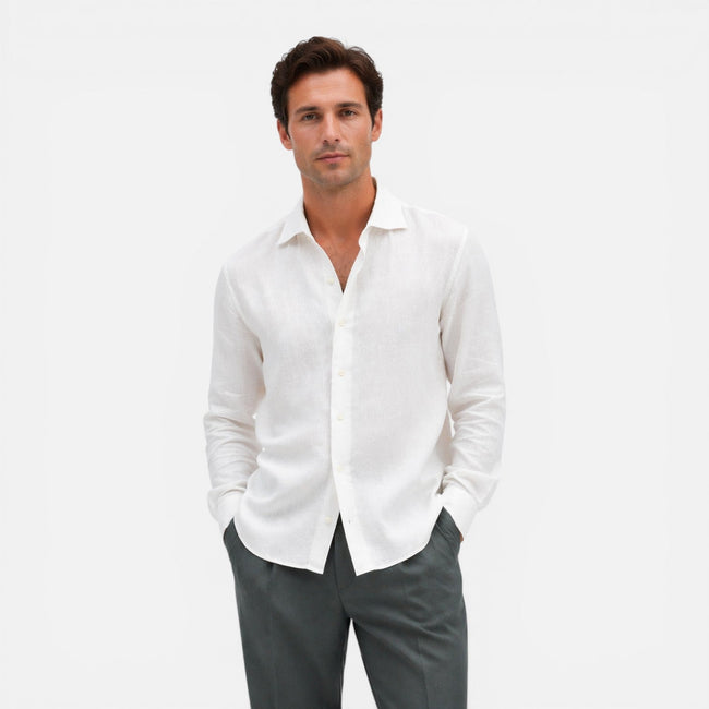 Men's lightweight linen shirt by FJØRNA, slim fit summer casual shirt for men, shown in natural fabric with a relaxed fit.