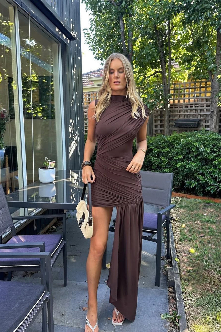 FJØRNA women's asymmetric draped mini dress with one shoulder, high neck, fitted sleeveless design, and ruched detailing.