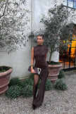FJØRNA asymmetric draped mini dress with one shoulder design, fitted sleeveless style, high neck, and ruched details for women.