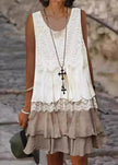 FJØRNA white sleeveless midi dress with lace patchwork and loose fit, featuring an O-neck design for a stylish, elegant look.