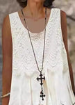FJØRNA white sleeveless O-neck lace patchwork midi dress with a loose fit, perfect for casual or semi-formal occasions.