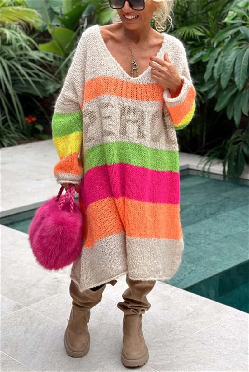 Relaxed Striped Knit Sweater Women Slogan Print