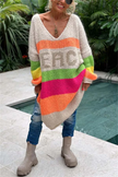 Relaxed Striped Knit Sweater Women Slogan Print