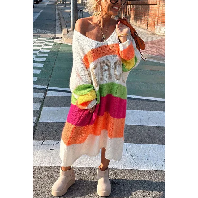 Relaxed Striped Knit Sweater Women Slogan Print
