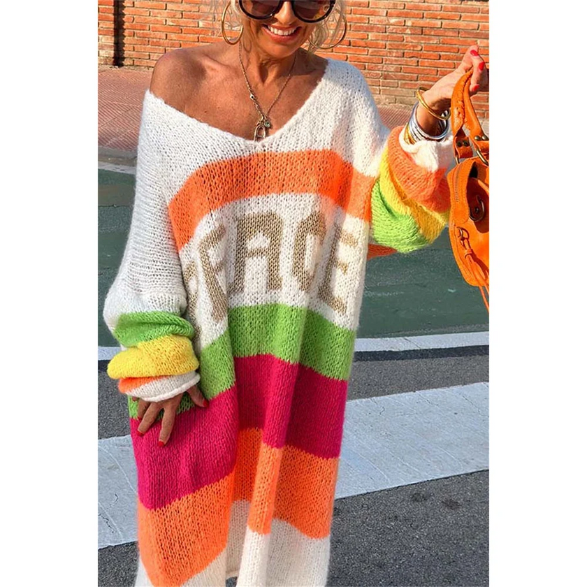 Relaxed Striped Knit Sweater Women Slogan Print