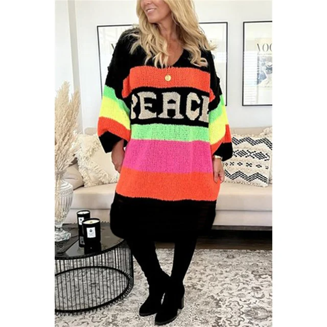 Relaxed Striped Knit Sweater Women Slogan Print