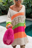 Relaxed Striped Knit Sweater Women Slogan Print