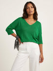 V-Neck Knit Sweater Women Relaxed Fit 3/4 Sleeve