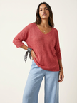 V-Neck Knit Sweater Women Relaxed Fit 3/4 Sleeve