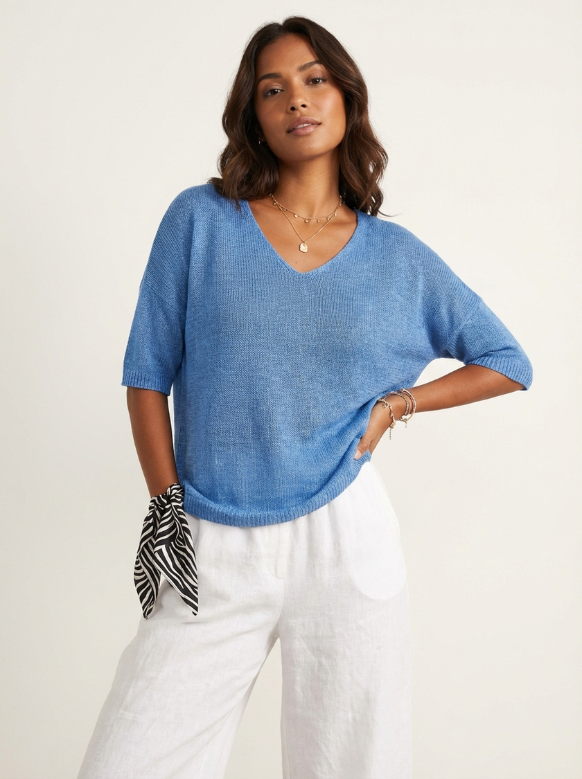 V-Neck Knit Sweater Women Relaxed Fit 3/4 Sleeve