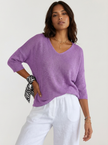 V-Neck Knit Sweater Women Relaxed Fit 3/4 Sleeve