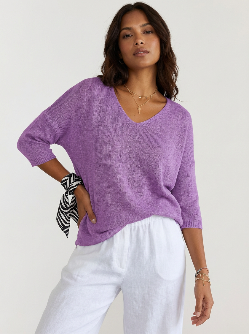 V-Neck Knit Sweater Women Relaxed Fit 3/4 Sleeve