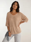 V-Neck Knit Sweater Women Relaxed Fit 3/4 Sleeve