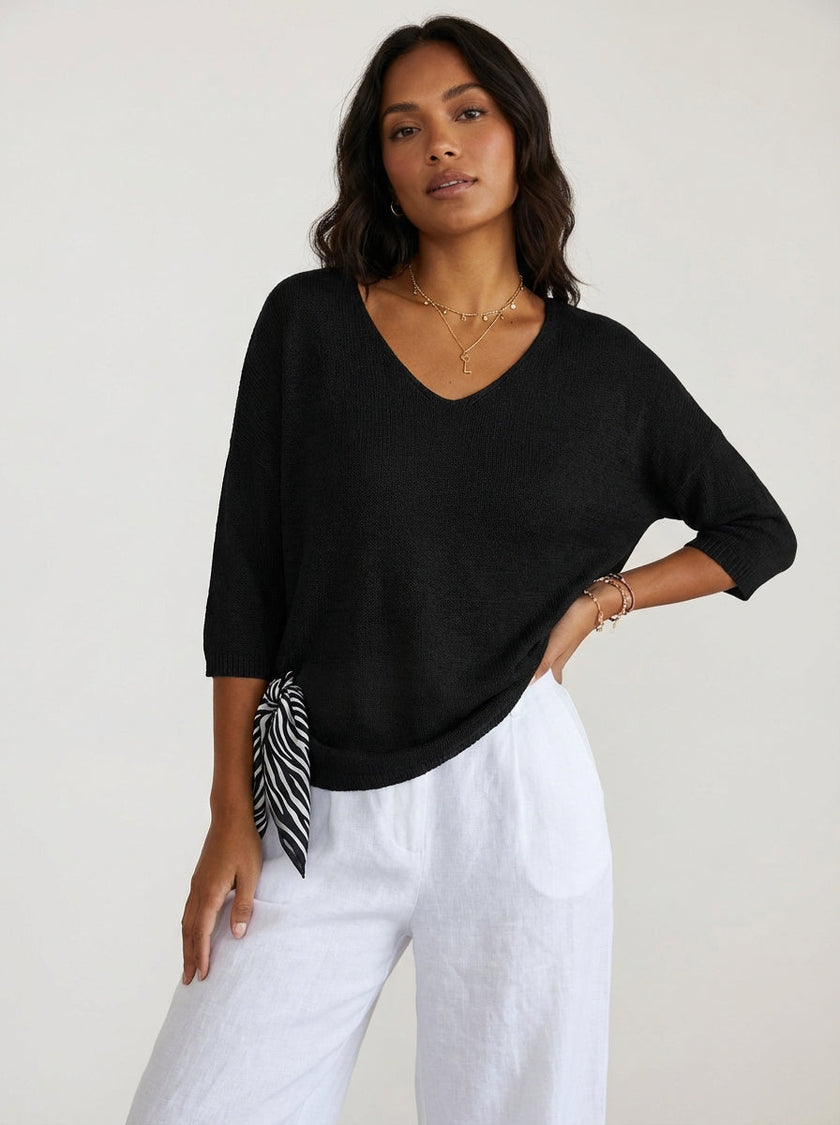 V-Neck Knit Sweater Women Relaxed Fit 3/4 Sleeve