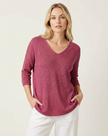 V-Neck Knit Sweater Women Relaxed Fit 3/4 Sleeve
