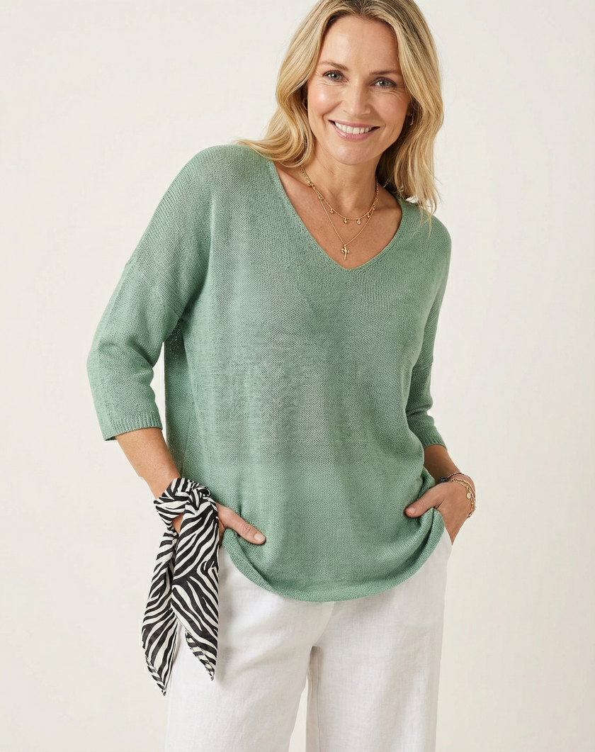 V-Neck Knit Sweater Women Relaxed Fit 3/4 Sleeve