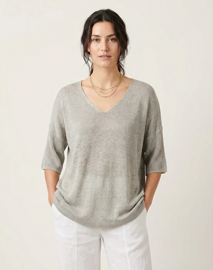 V-Neck Knit Sweater Women Relaxed Fit 3/4 Sleeve