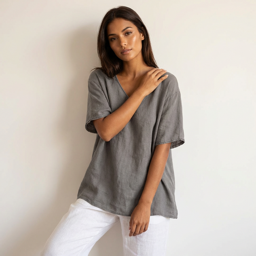 Round Neck Top Women Short Sleeve Relaxed Fit