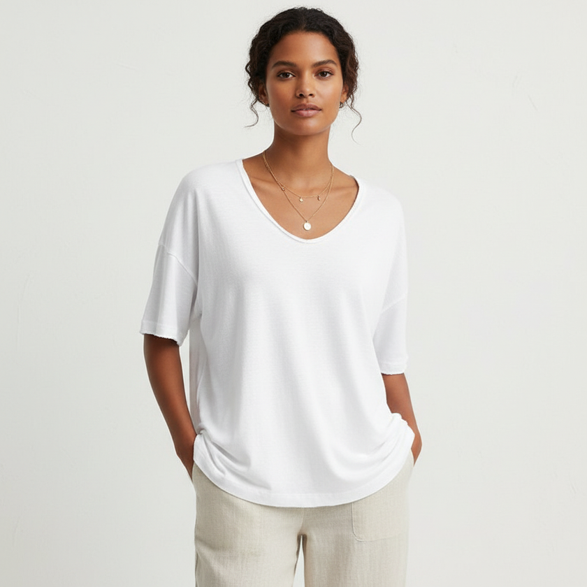 Round Neck Top Women Short Sleeve Relaxed Fit