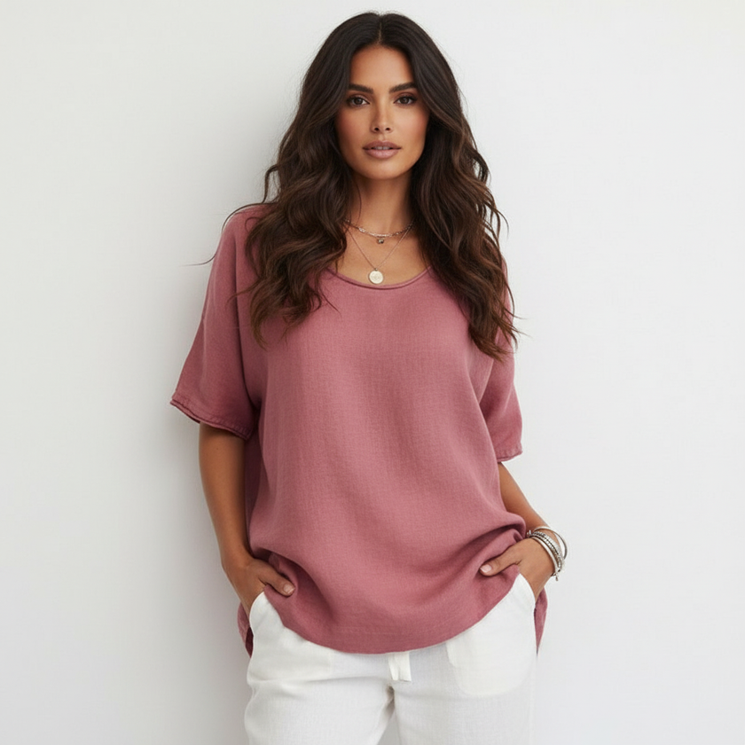 Round Neck Top Women Short Sleeve Relaxed Fit