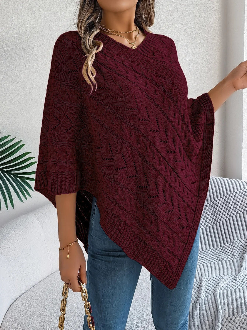 Knit Poncho Women Openwork V-Neck Acrylic Blend Asymmetric Hem
