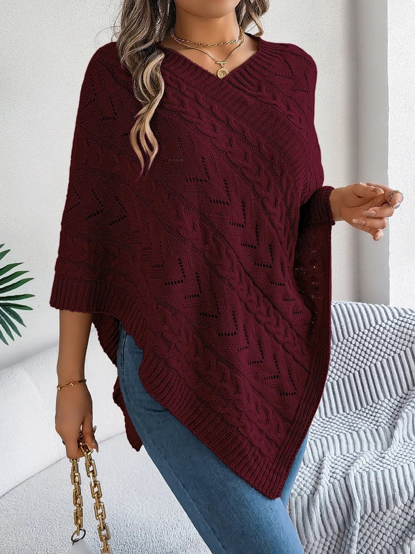 Knit Poncho Women Openwork V-Neck Acrylic Blend Asymmetric Hem