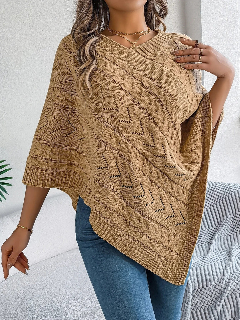 Knit Poncho Women Openwork V-Neck Acrylic Blend Asymmetric Hem