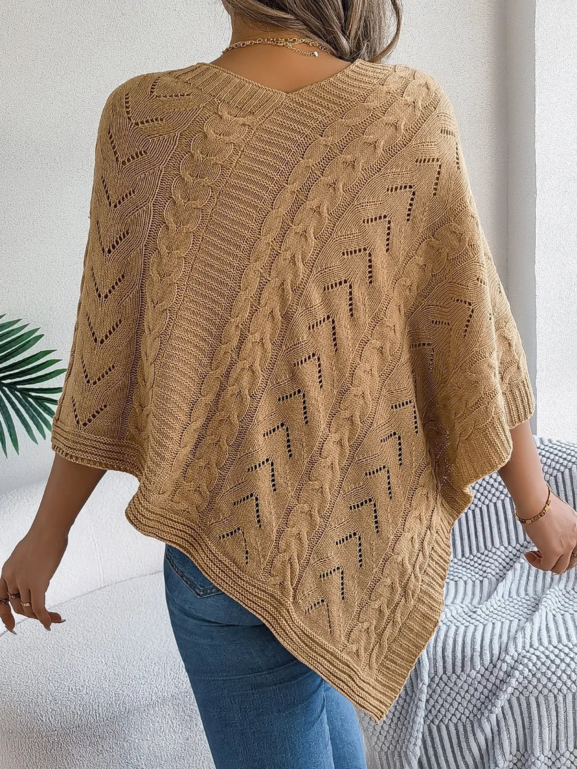 Knit Poncho Women Openwork V-Neck Acrylic Blend Asymmetric Hem