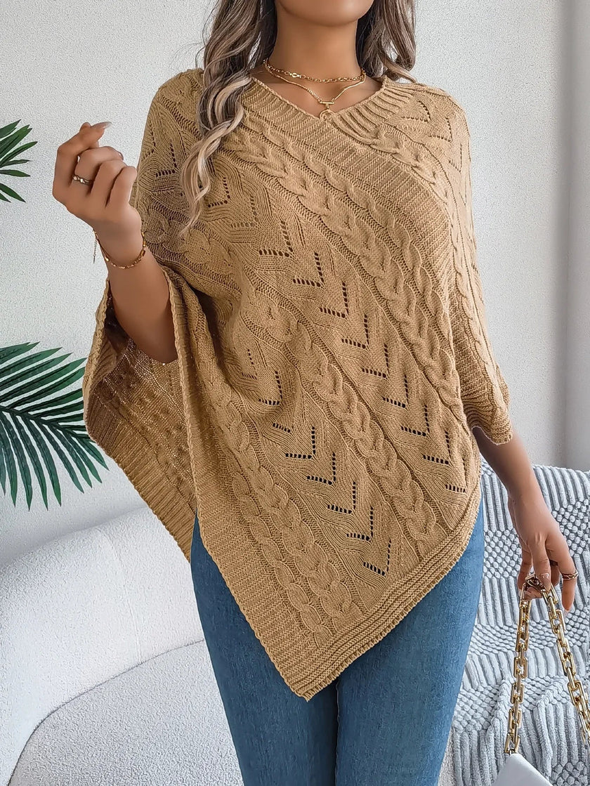 Knit Poncho Women Openwork V-Neck Acrylic Blend Asymmetric Hem