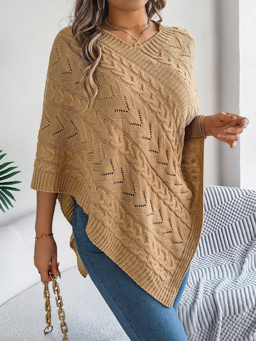 Knit Poncho Women Openwork V-Neck Acrylic Blend Asymmetric Hem