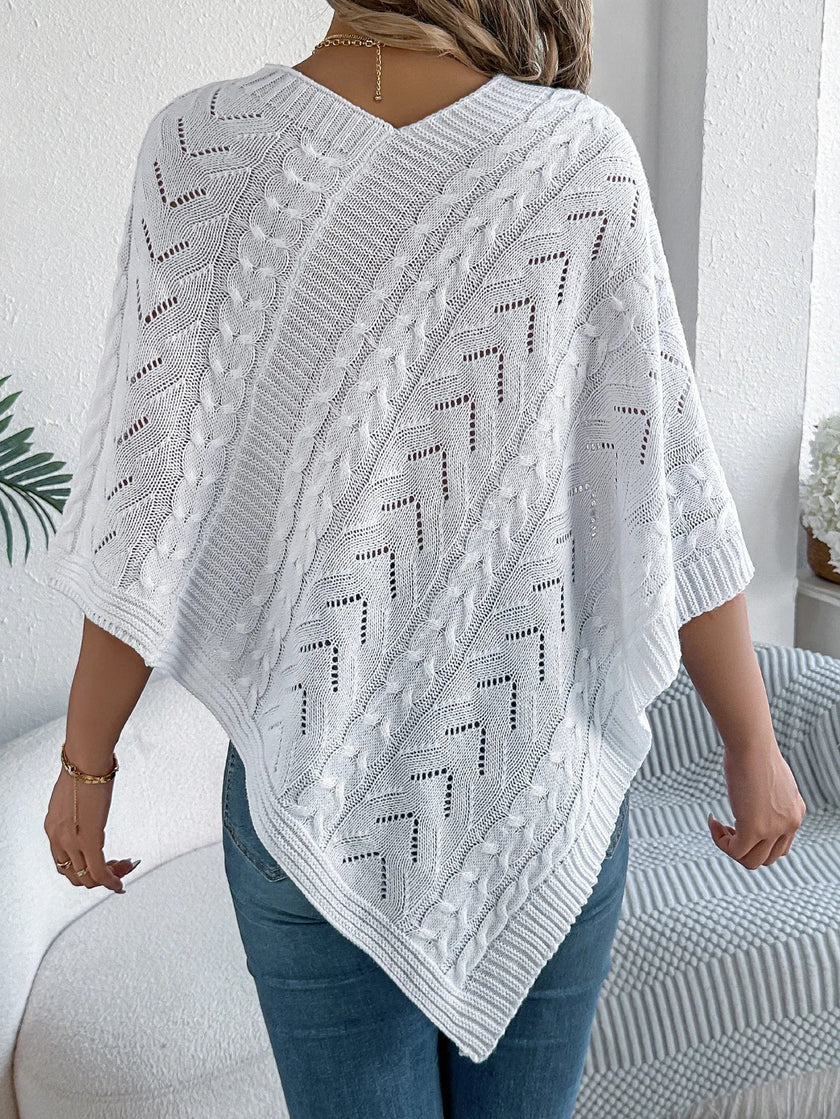 Knit Poncho Women Openwork V-Neck Acrylic Blend Asymmetric Hem