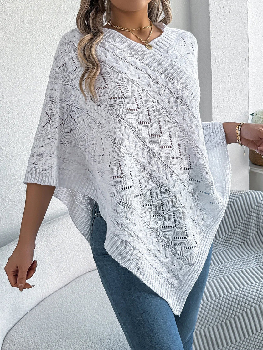 Knit Poncho Women Openwork V-Neck Acrylic Blend Asymmetric Hem