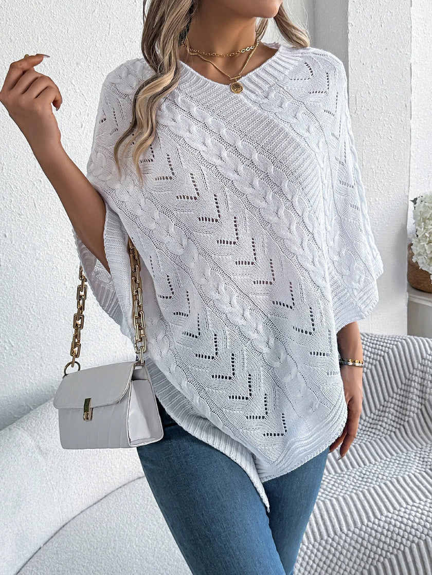 Knit Poncho Women Openwork V-Neck Acrylic Blend Asymmetric Hem