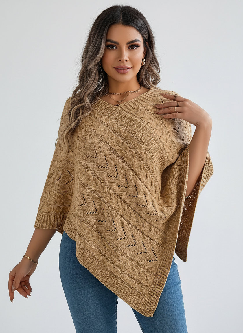 Knit Poncho Women Openwork V-Neck Acrylic Blend Asymmetric Hem