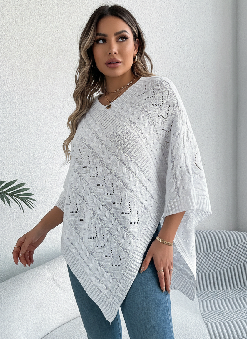 Knit Poncho Women Openwork V-Neck Acrylic Blend Asymmetric Hem