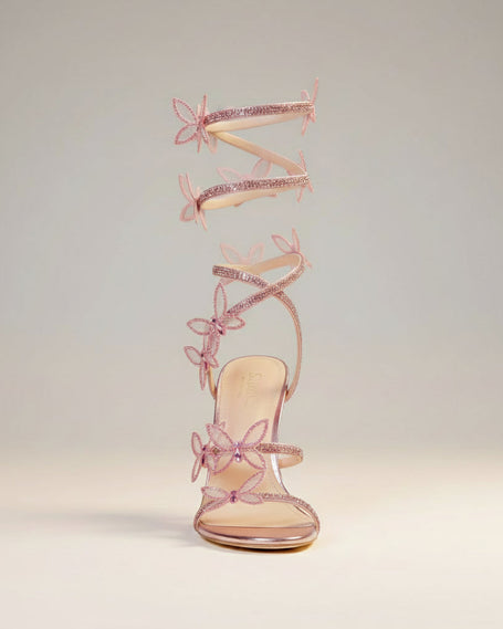 FJØRNA Butterfly Rhinestone Wrap Stiletto Sandals for women with butterfly design and sparkling rhinestones on elegant heels.