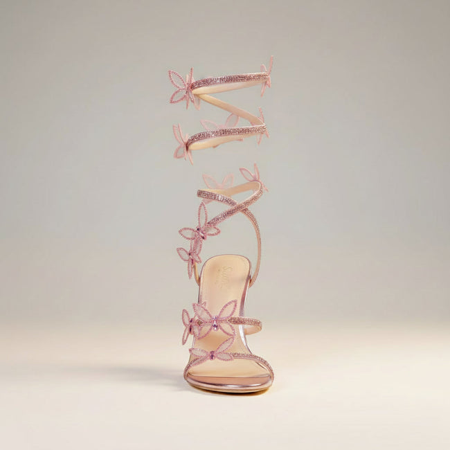FJØRNA Butterfly Rhinestone Wrap Stiletto Sandals for women with butterfly design and sparkling rhinestones on elegant heels.
