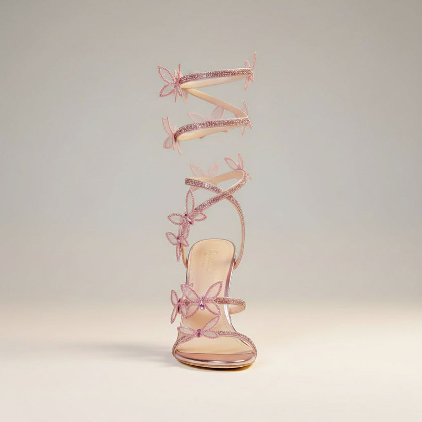 FJØRNA Butterfly Rhinestone Wrap Stiletto Sandals for women with butterfly design and sparkling rhinestones on elegant heels.