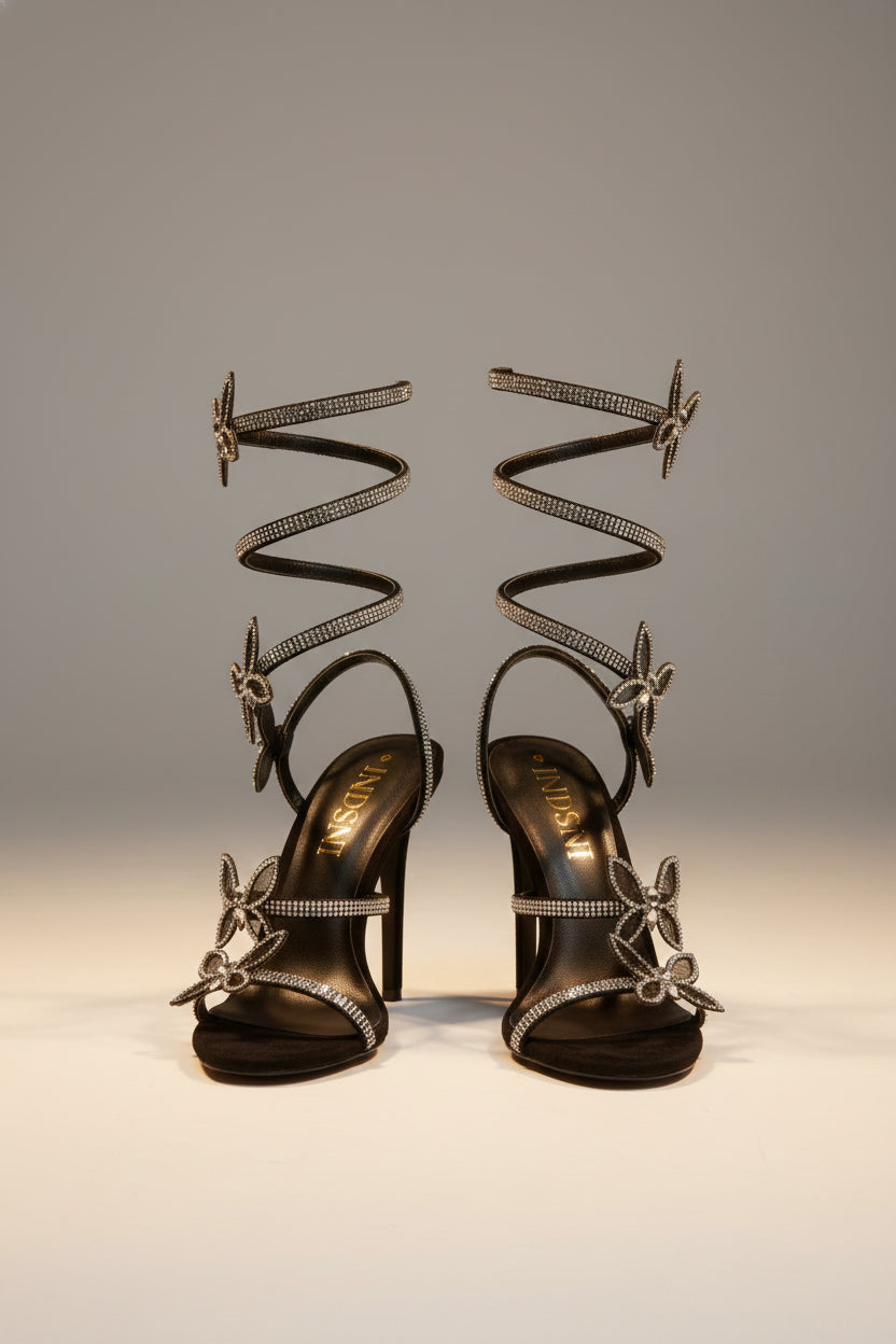 FJØRNA Butterfly Rhinestone Wrap Stiletto Sandals for women, featuring butterfly wing design and sparkling rhinestones on elegant heels