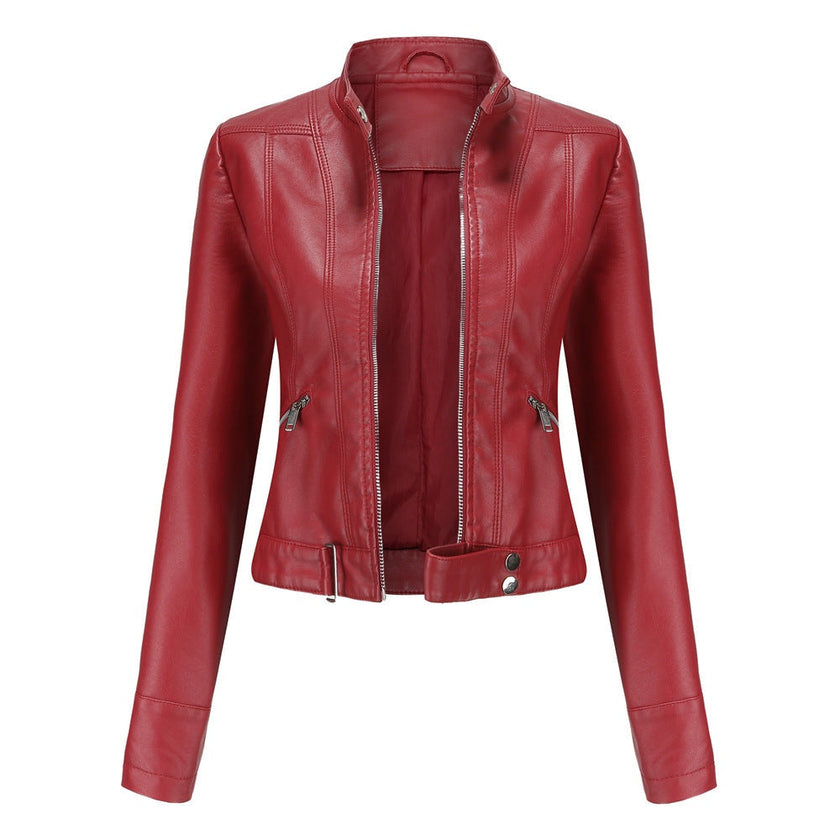 Biker Jacket Women Faux Leather Slim Fit Zip Pockets