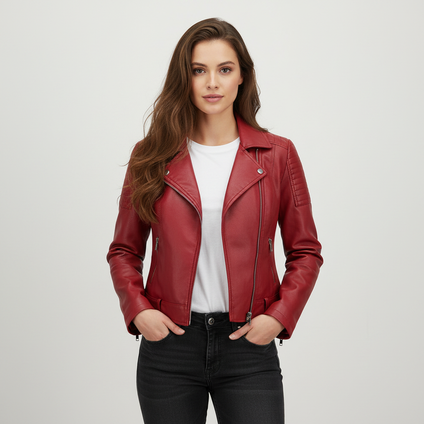 Biker Jacket Women Faux Leather Slim Fit Zip Pockets