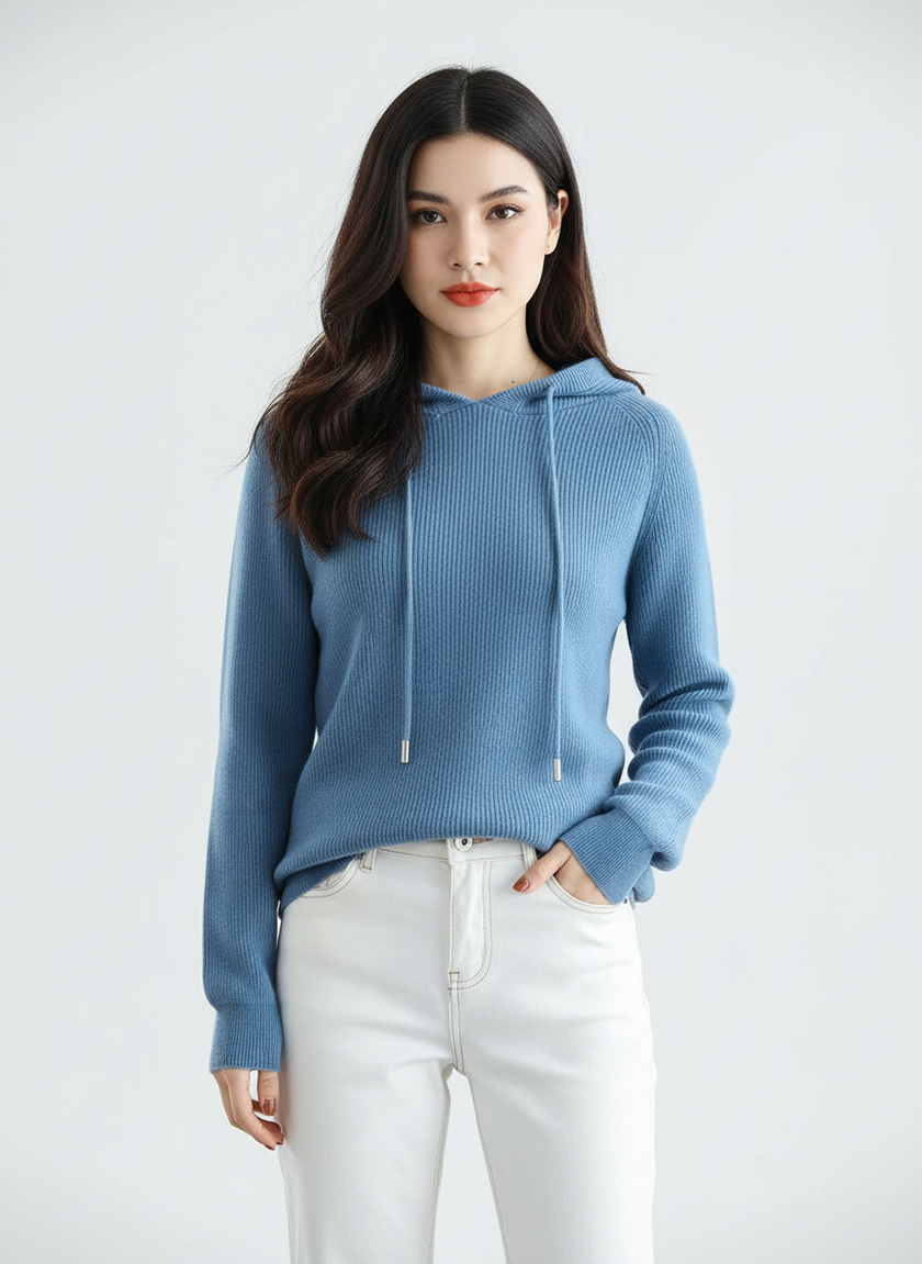 Wool Cashmere Blend Hoodie Women Ribbed Relaxed Fit
