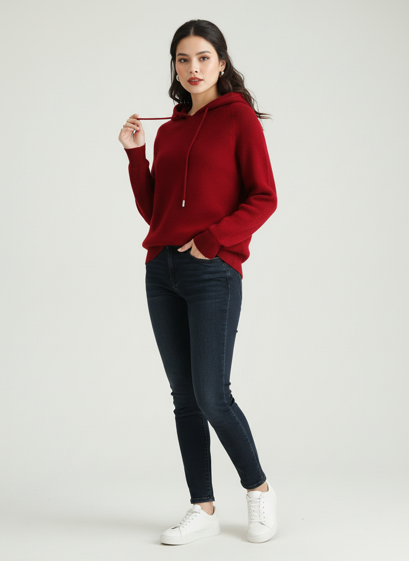 Wool Cashmere Blend Hoodie Women Ribbed Relaxed Fit