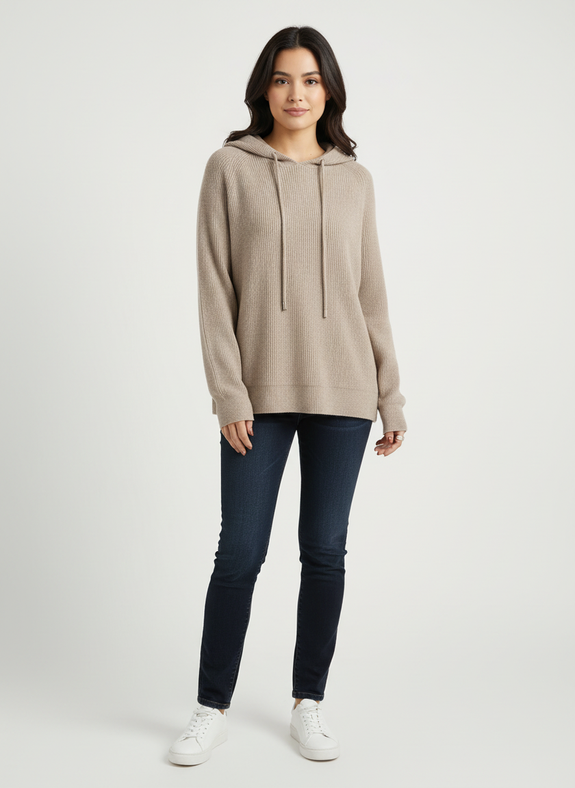 Wool Cashmere Blend Hoodie Women Ribbed Relaxed Fit