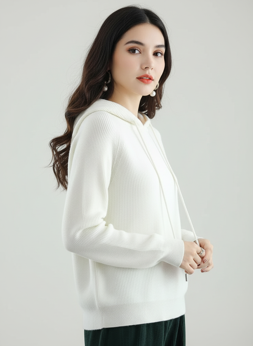 Wool Cashmere Blend Hoodie Women Ribbed Relaxed Fit