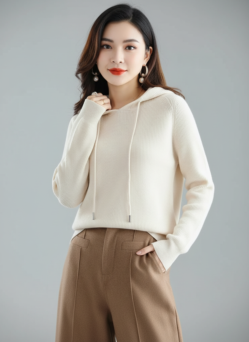 Wool Cashmere Blend Hoodie Women Ribbed Relaxed Fit
