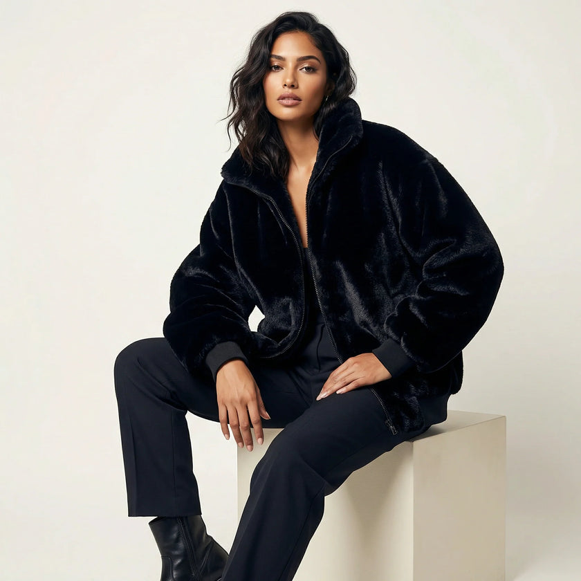 Faux Fur Bomber Jacket Women Warm Winter Relaxed Fit
