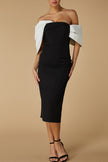 FJØRNA Ava off-shoulder midi dress in white with sculpted monochrome detailing, stylish and elegant for any occasion.